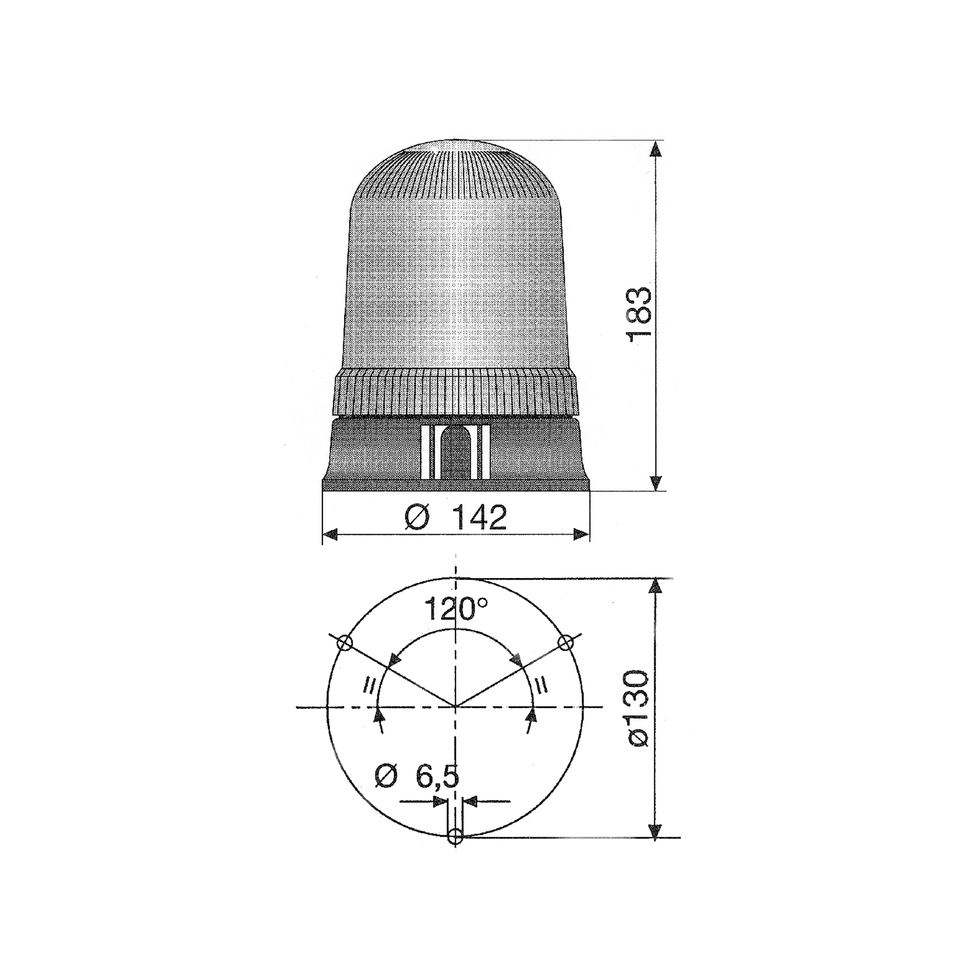 RCV9910 Amber Halogen Beacon with 3 Bolt Fixing tech diagram